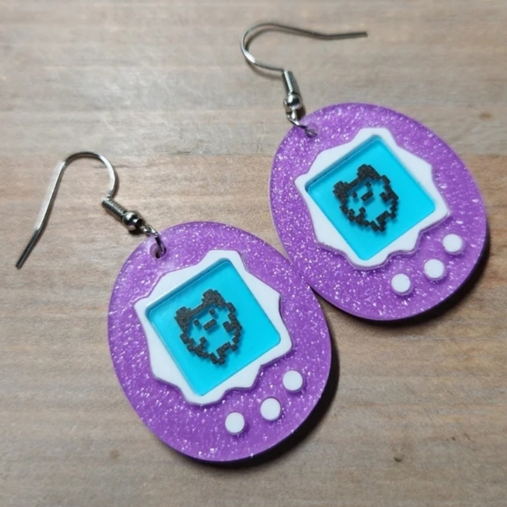 Purple Glitter Tamagotchi Earrings